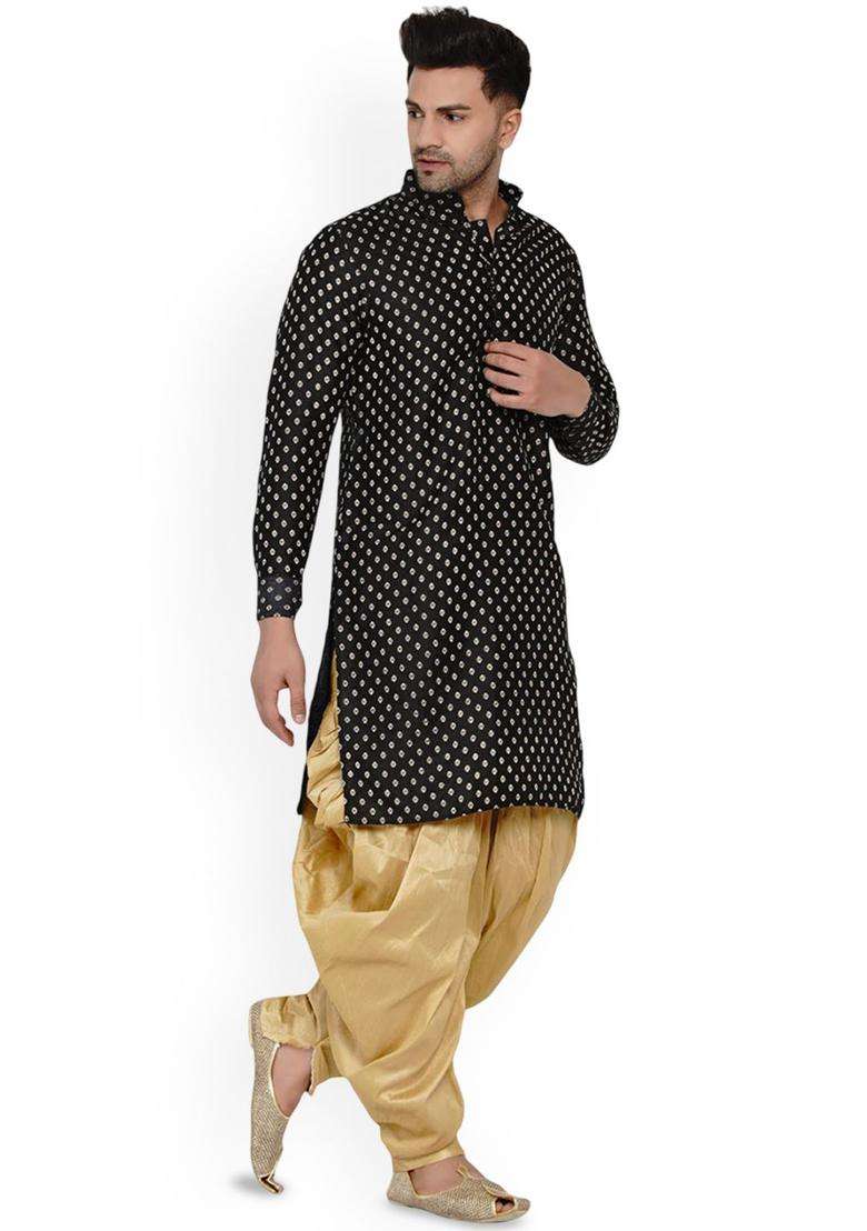 Black Woven Design Silk Blend Kurta Set For Men - Indya