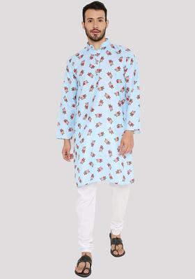 Blue Printed Linen Kurta Set For Men