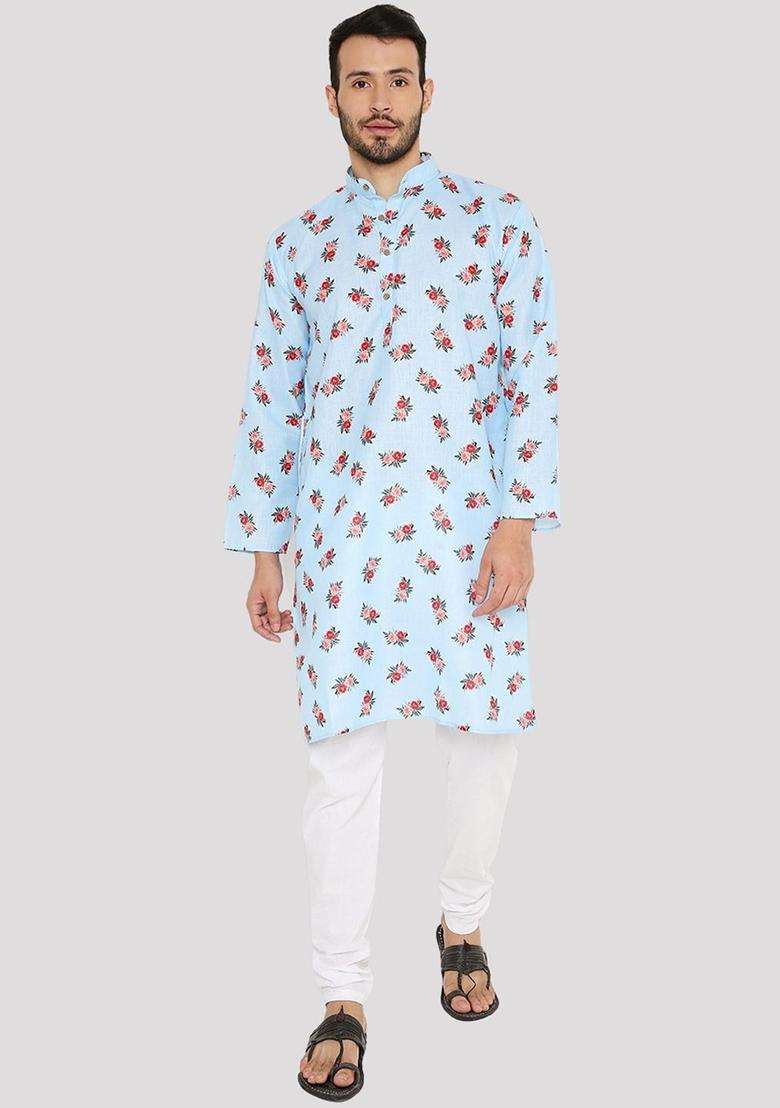 Blue Printed Linen Kurta Set For Men - Indya