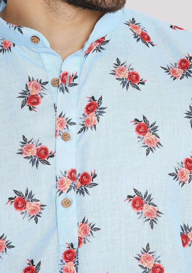 Blue Printed Linen Kurta Set For Men - Indya