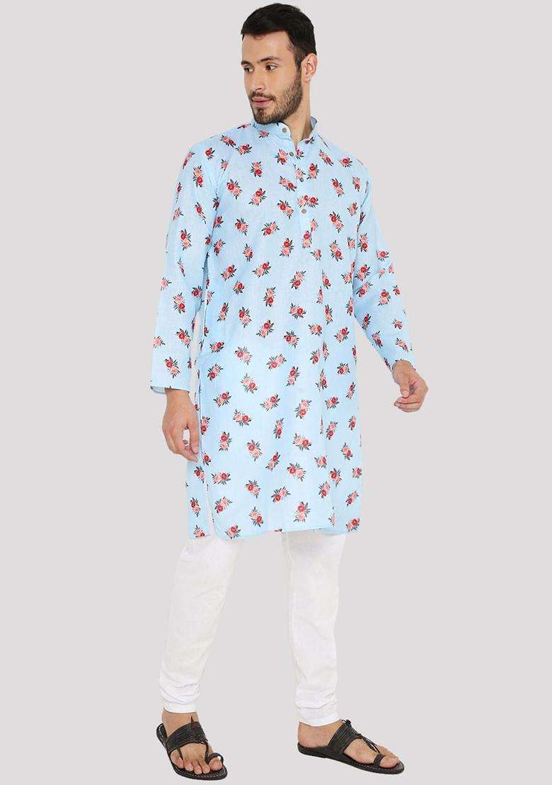 Blue Printed Linen Kurta Set For Men - Indya