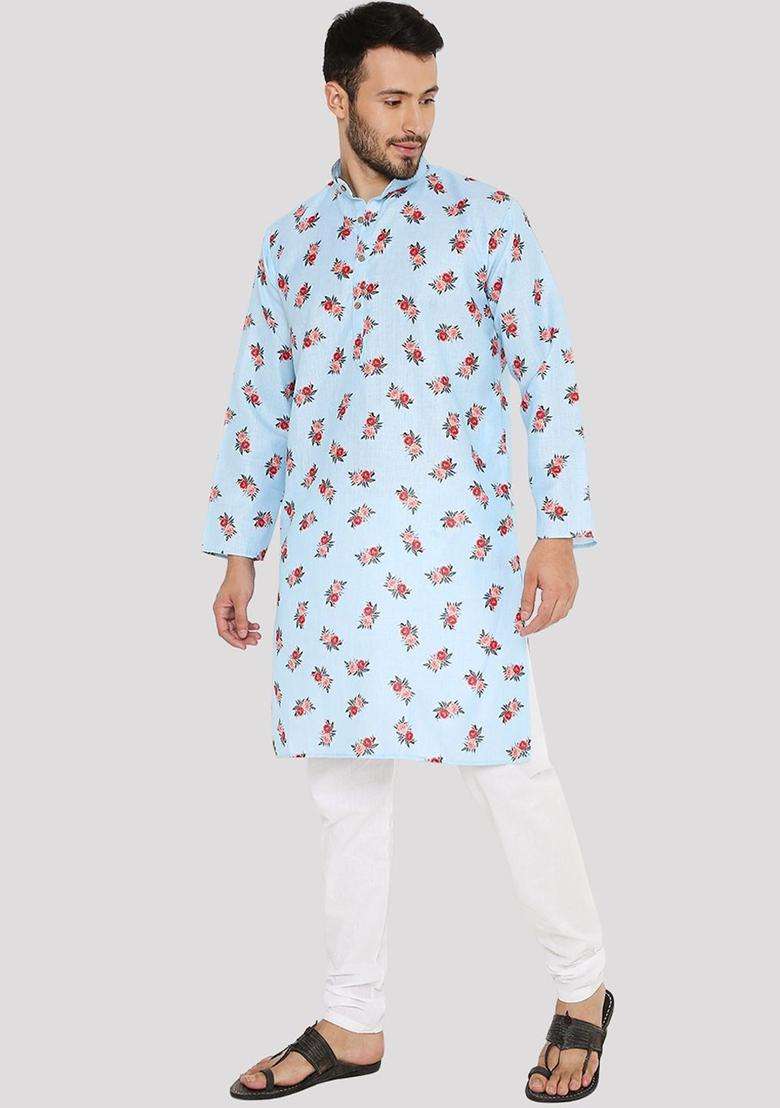 Blue Printed Linen Kurta Set For Men - Indya