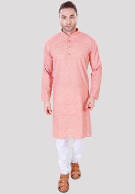 Red Solid Linen Kurta Set For Men