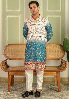Blue Printed Viscose Kurta Set For Men