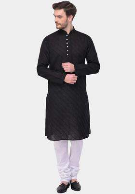 Black Striped Cotton Kurta Set For Men
