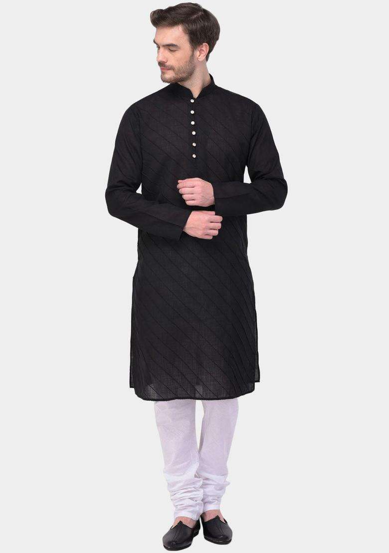 Black Striped Cotton Kurta Set For Men - Indya