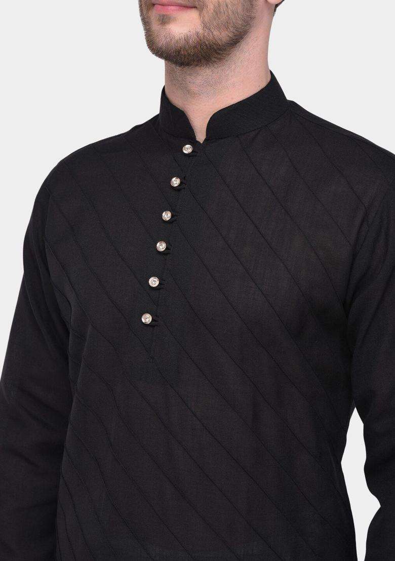 Black Striped Cotton Kurta Set For Men - Indya