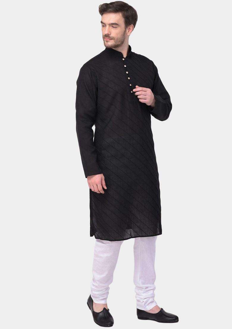 Black Striped Cotton Kurta Set For Men - Indya