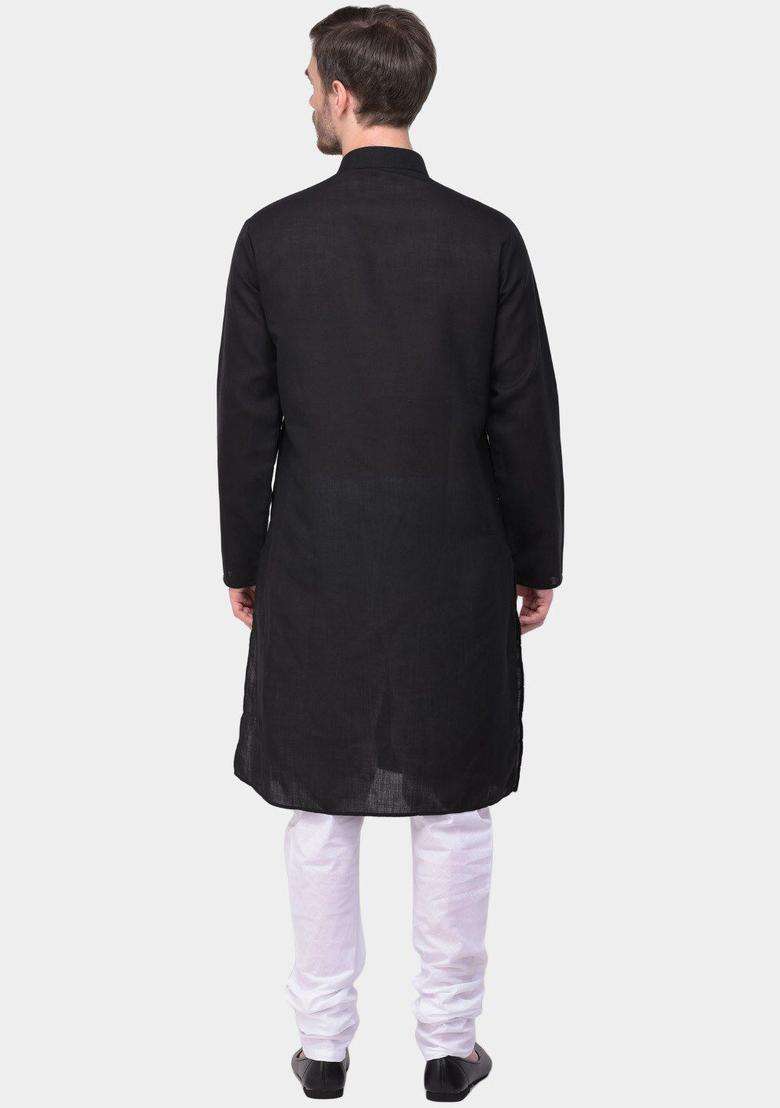 Black Striped Cotton Kurta Set For Men - Indya