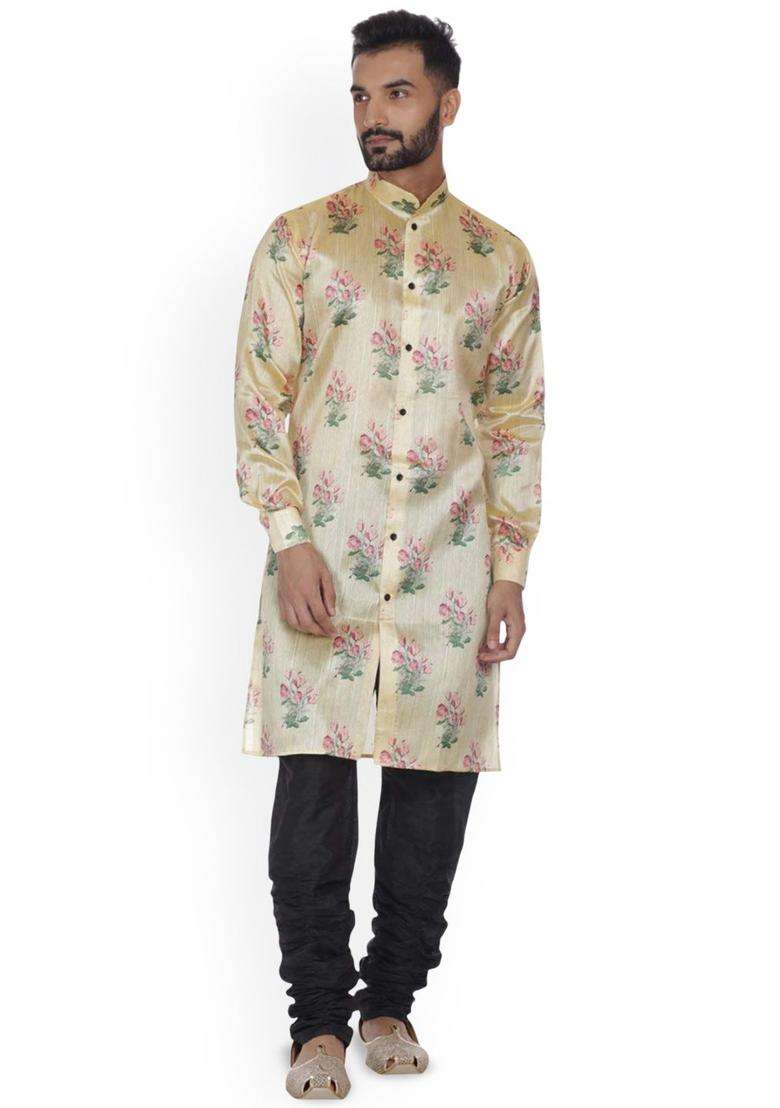 Beige Printed Silk Kurta Set For Men - Indya
