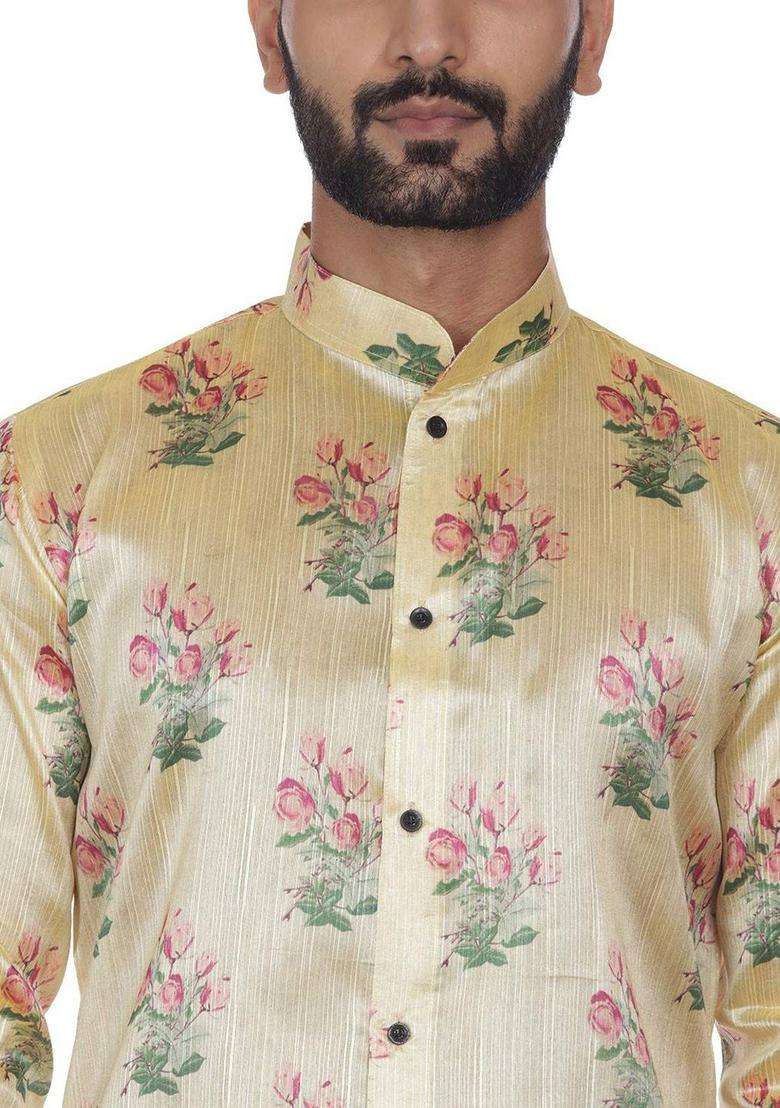 Beige Printed Silk Kurta Set For Men - Indya