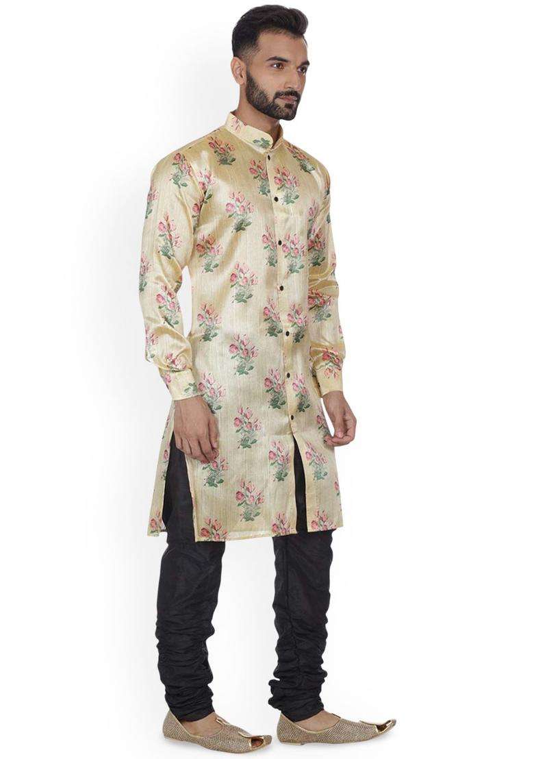 Beige Printed Silk Kurta Set For Men - Indya