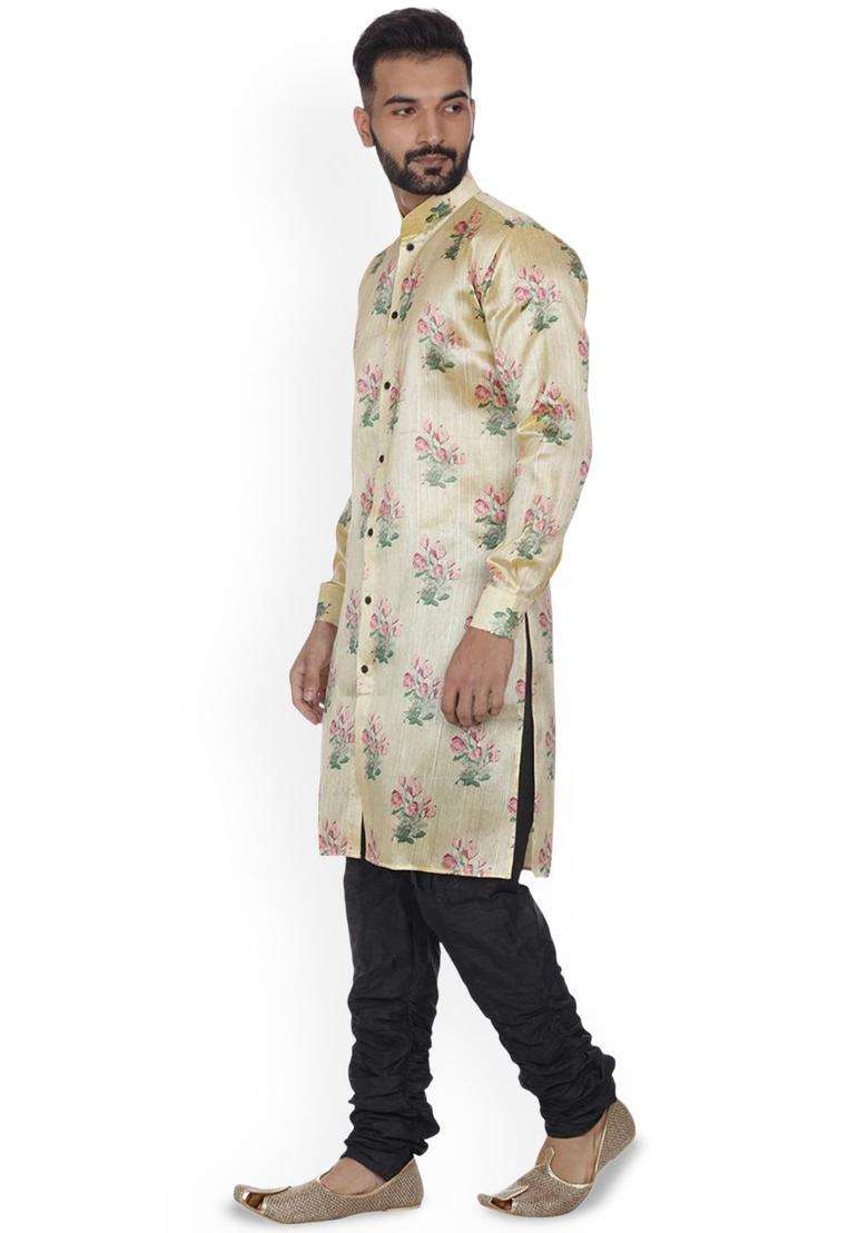 Beige Printed Silk Kurta Set For Men - Indya