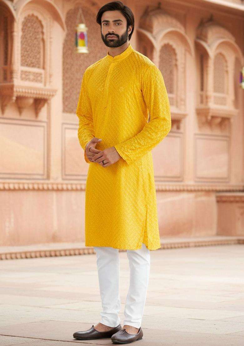 Yellow Embroidered Viscose Kurta Set For Men - Indya