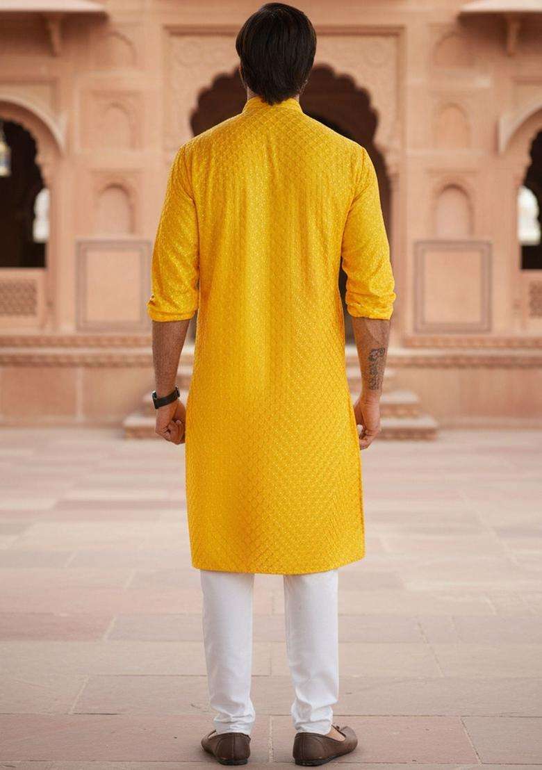 Yellow Embroidered Viscose Kurta Set For Men - Indya