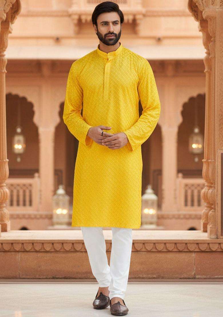 Yellow Embroidered Viscose Kurta Set For Men - Indya