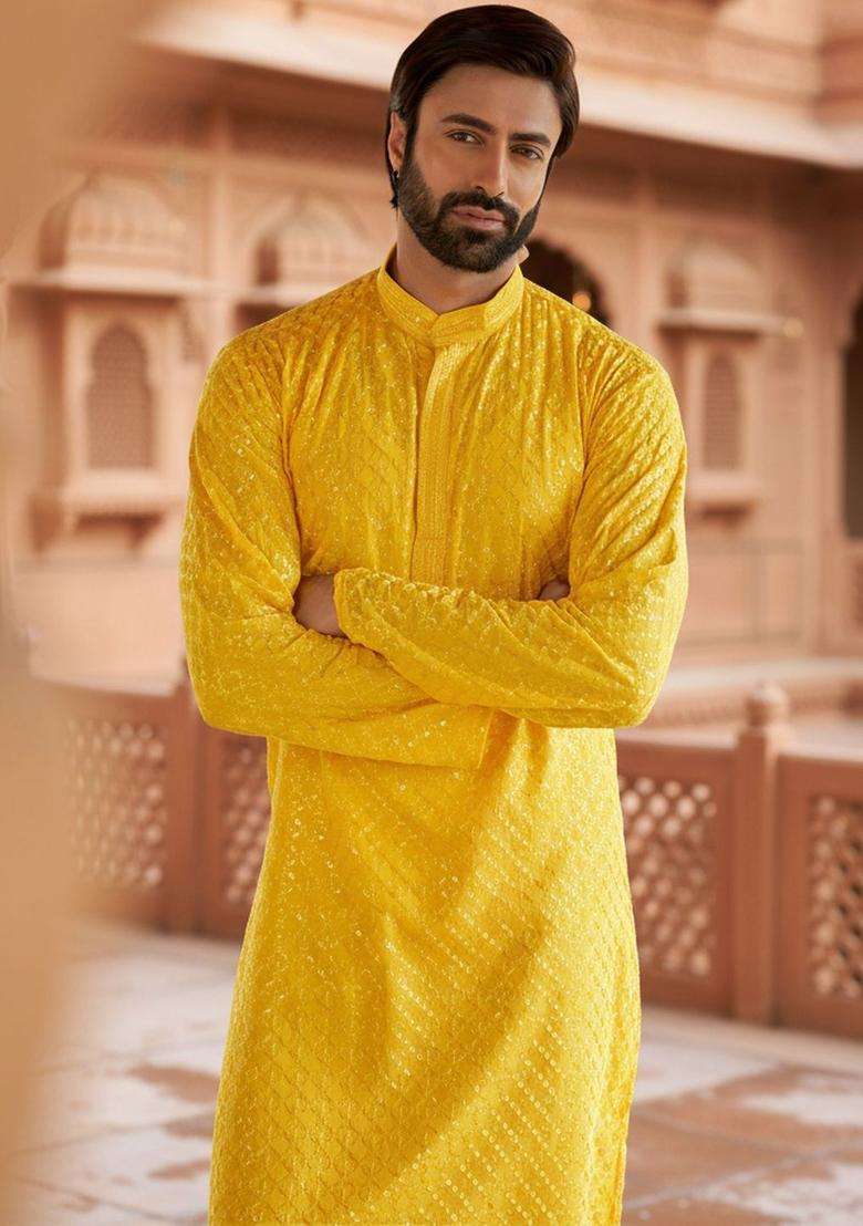 Yellow Embroidered Viscose Kurta Set For Men - Indya