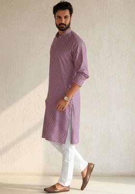 Purple Embroidered Cotton Kurta Set For Men