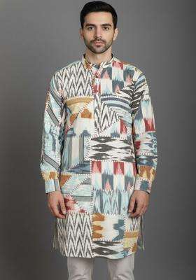 Multi Printed Silk Kurta Set For Men