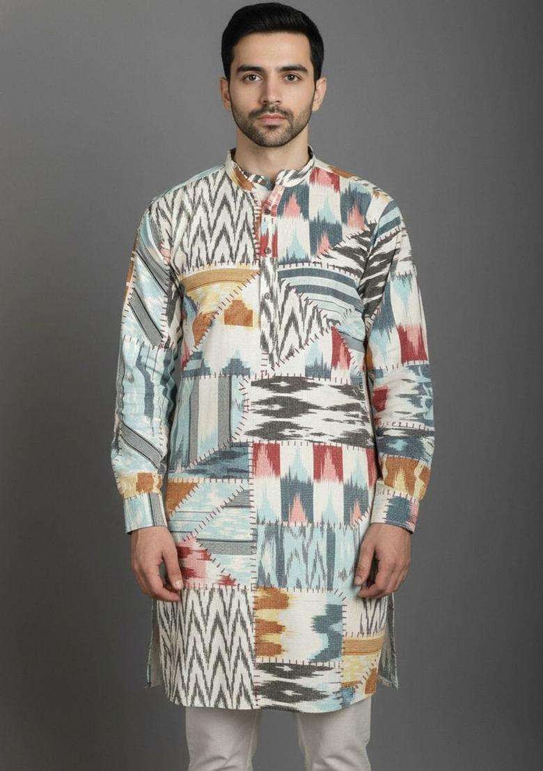 Multi Printed Silk Blend Kurta Set For Men - Indya