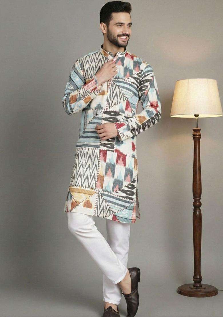 Multi Printed Silk Blend Kurta Set For Men - Indya