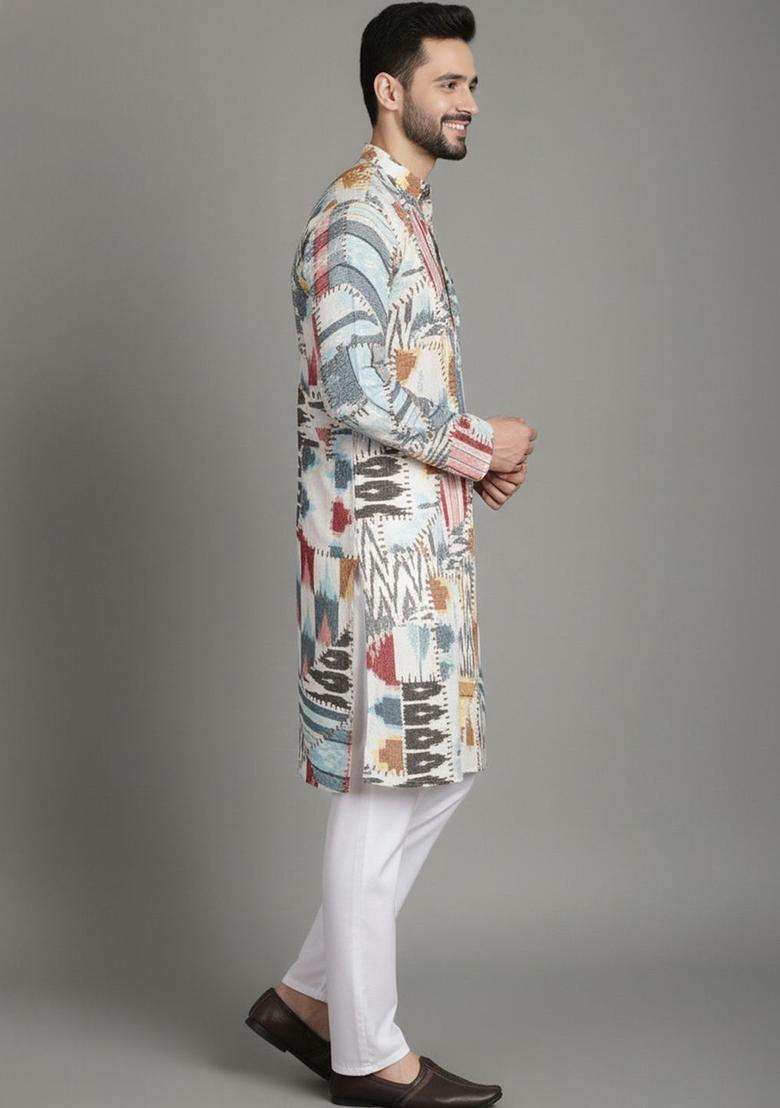 Multi Printed Silk Blend Kurta Set For Men - Indya
