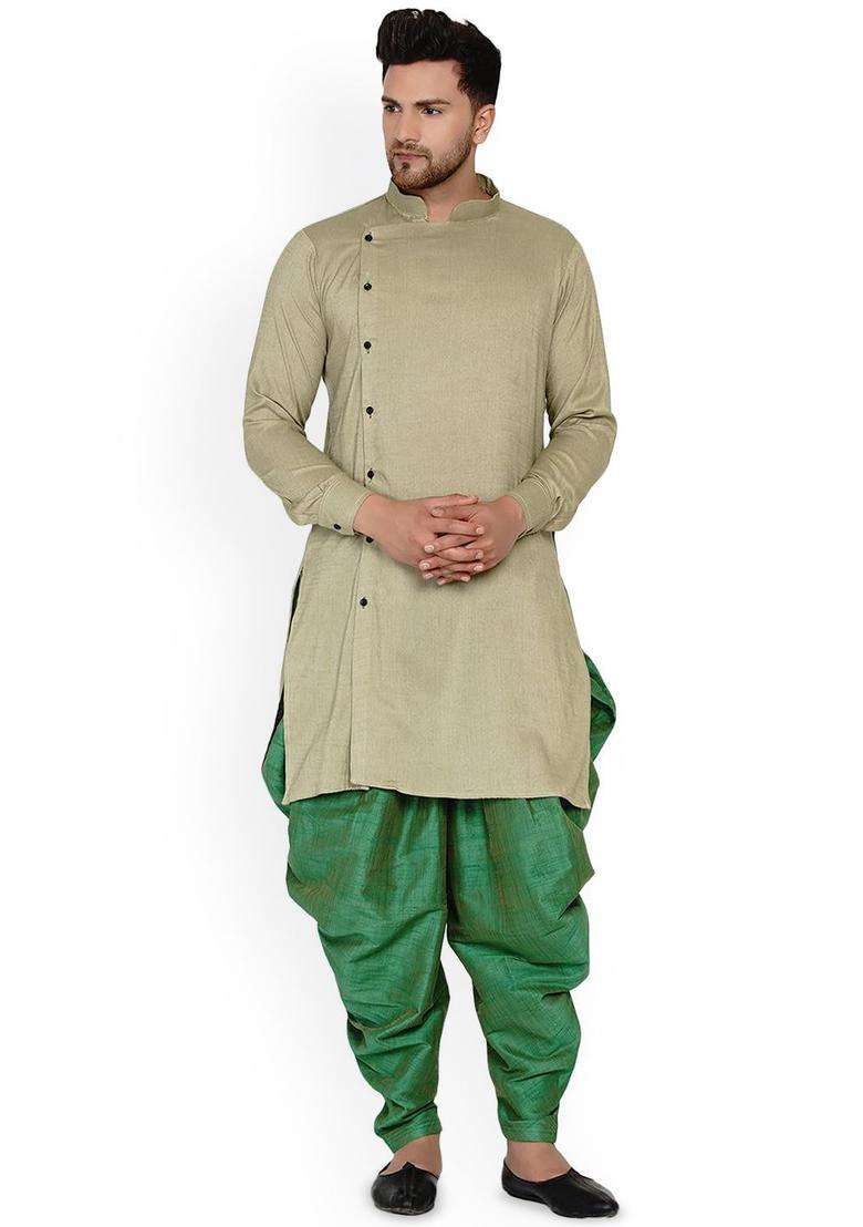 Beige Solid Viscose Kurta Set For Men - Indya
