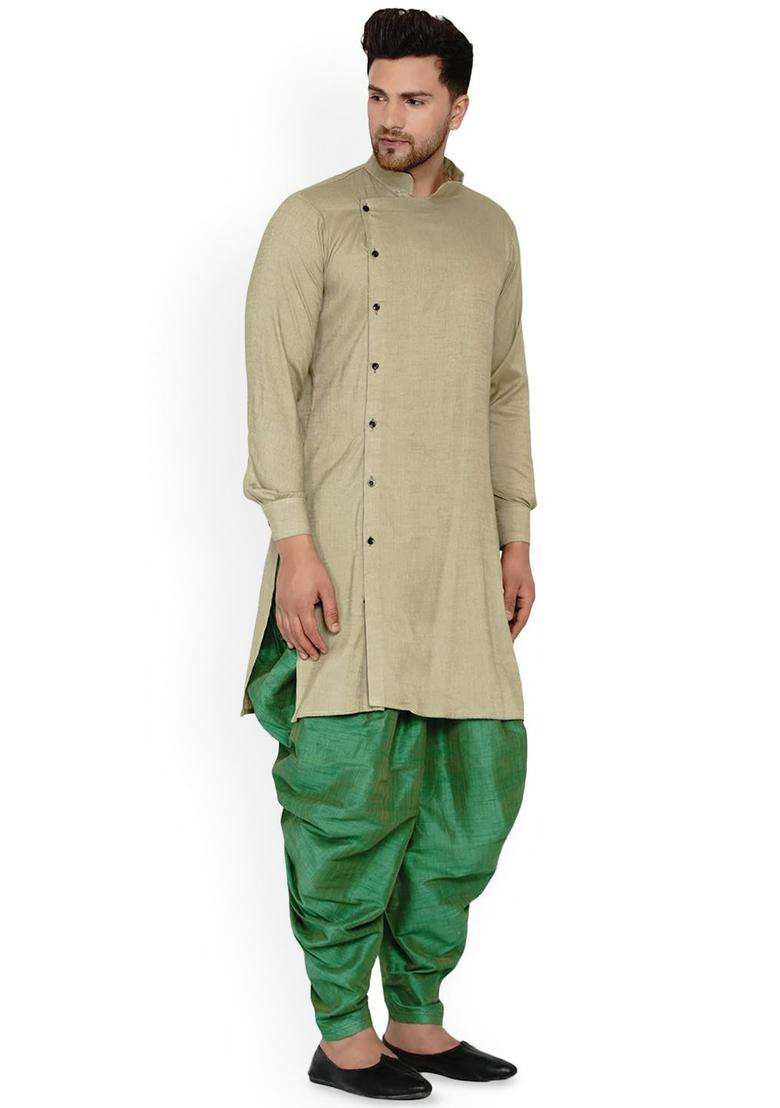 Beige Solid Viscose Kurta Set For Men - Indya