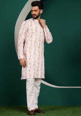 Pink Dyed Cotton Kurta Set For Men