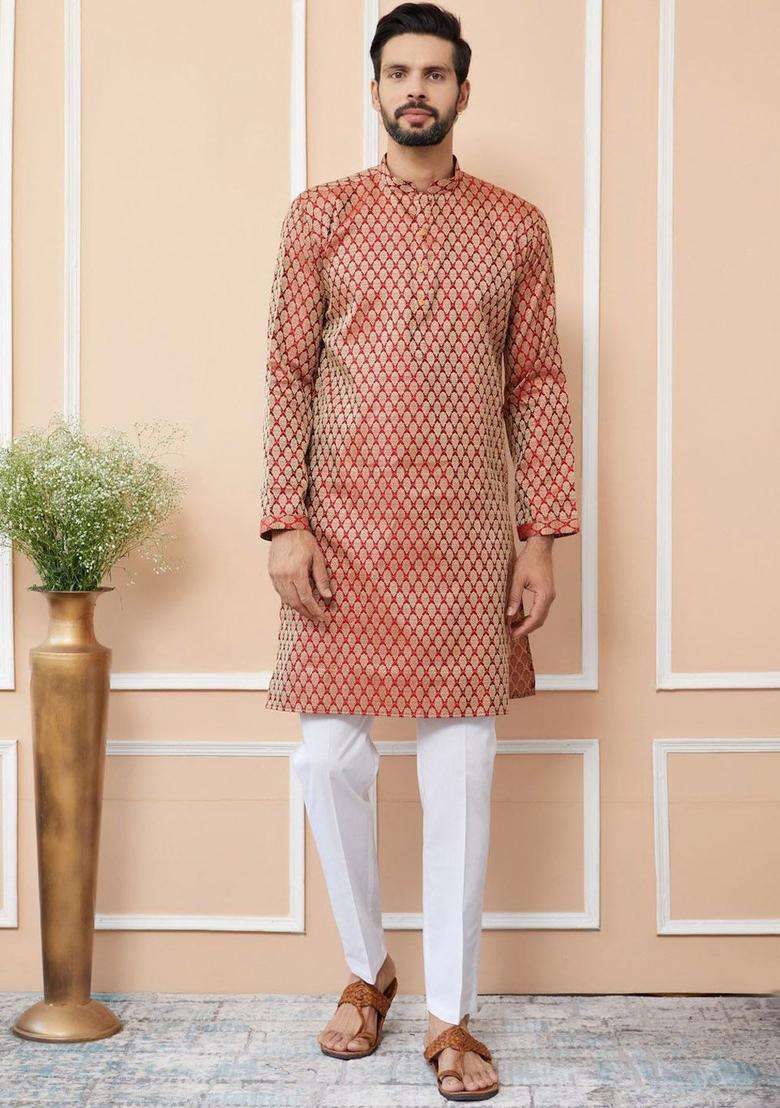 Maroon Woven Design Silk Blend Kurta Set For Men - Indya