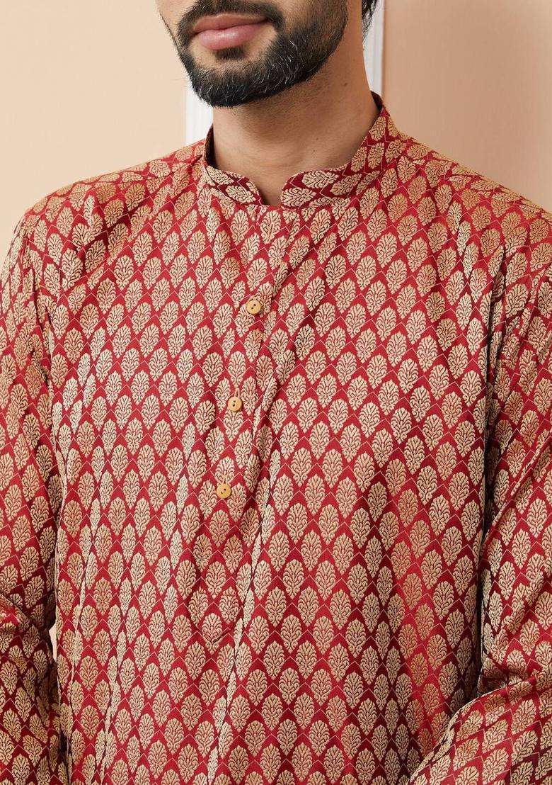 Maroon Woven Design Silk Blend Kurta Set For Men - Indya