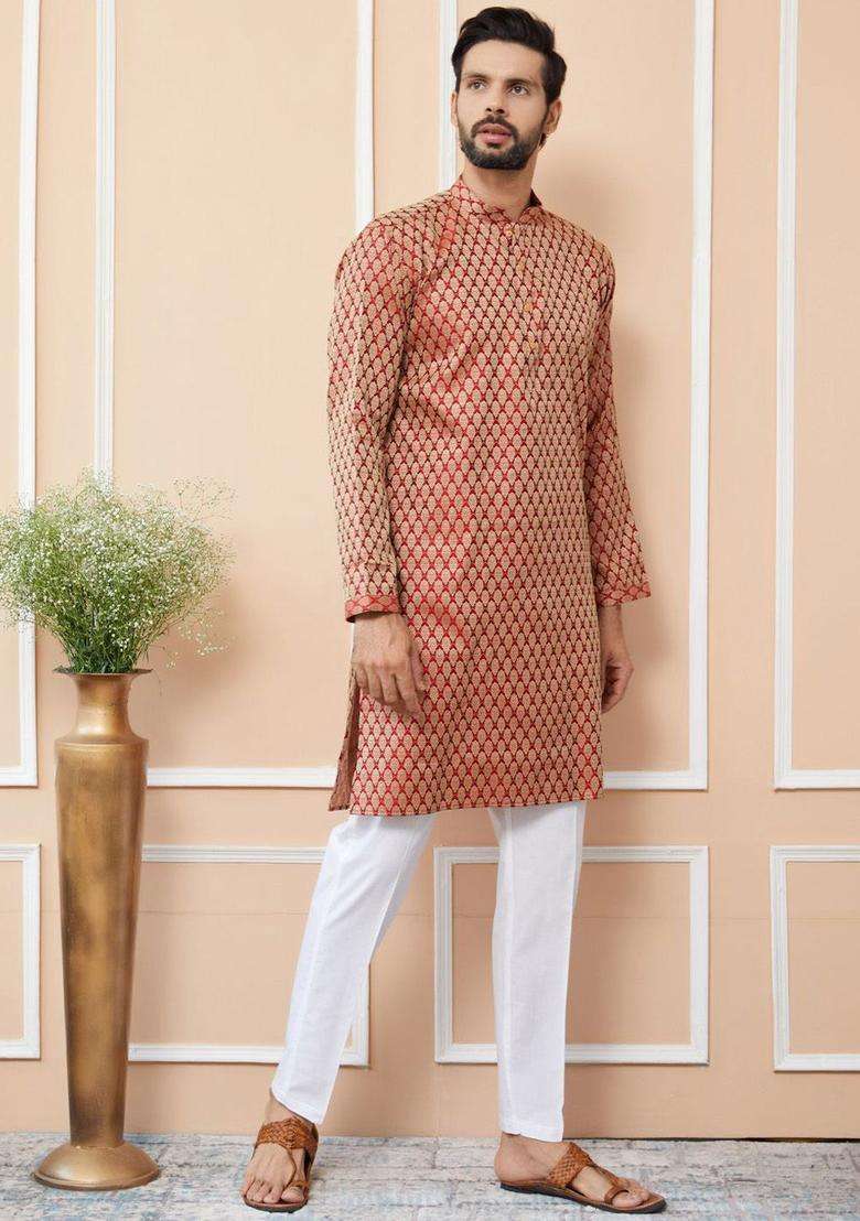 Maroon Woven Design Silk Blend Kurta Set For Men - Indya