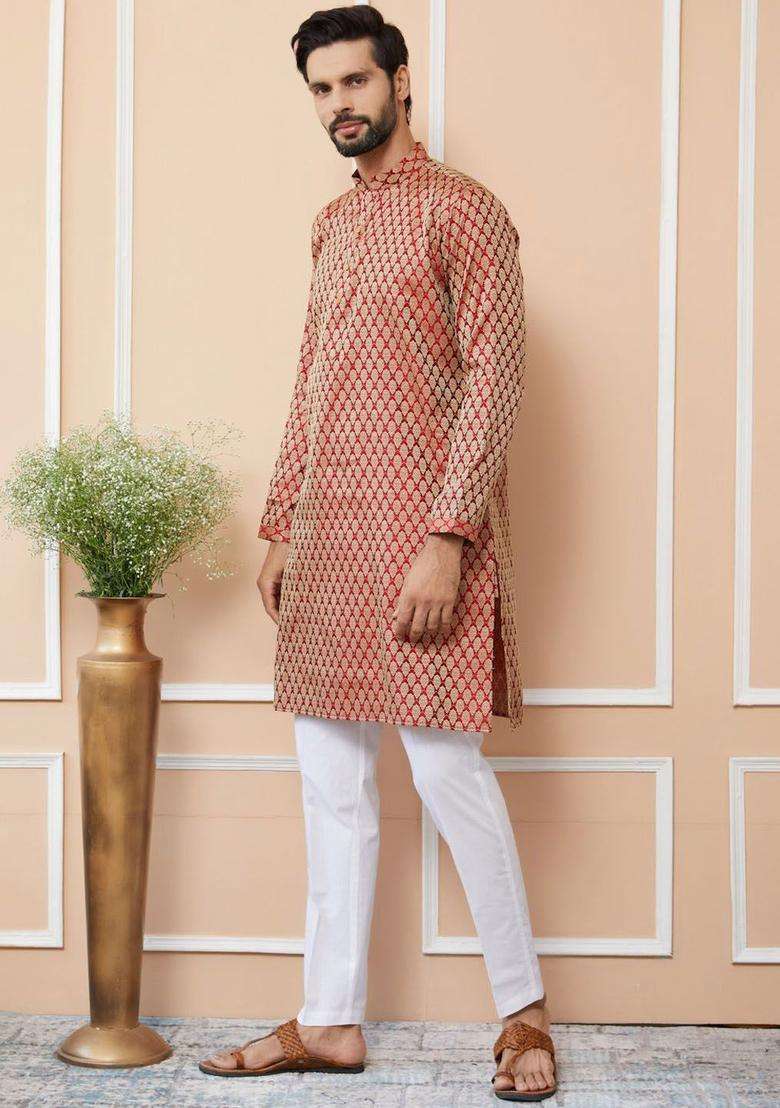 Maroon Woven Design Silk Blend Kurta Set For Men - Indya