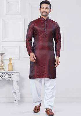 Maroon Woven Design Silk Kurta Set For Men