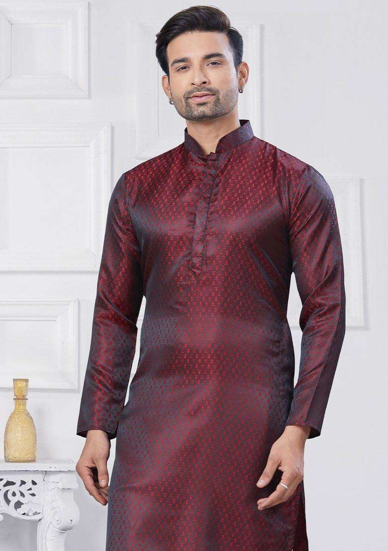 Maroon Woven Design Silk Kurta Set For Men - Indya