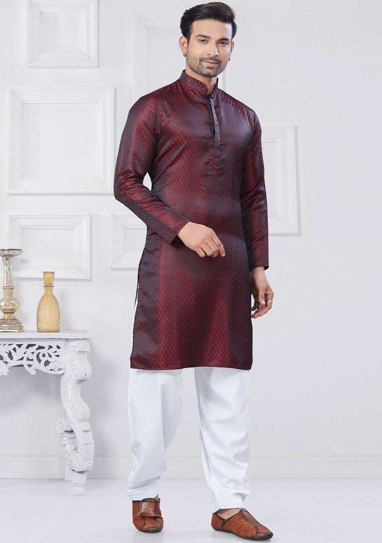 Maroon Woven Design Silk Kurta Set For Men - Indya