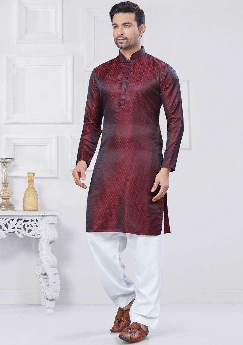 Maroon Woven Design Silk Kurta Set For Men - Indya