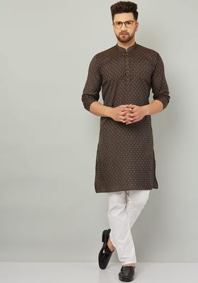 Brown Printed Cotton Kurta Set For Men