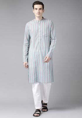 Green Striped Cotton Kurta Set For Men