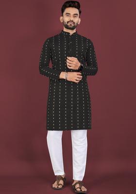 Black Woven Design Cotton Kurta Set For Men