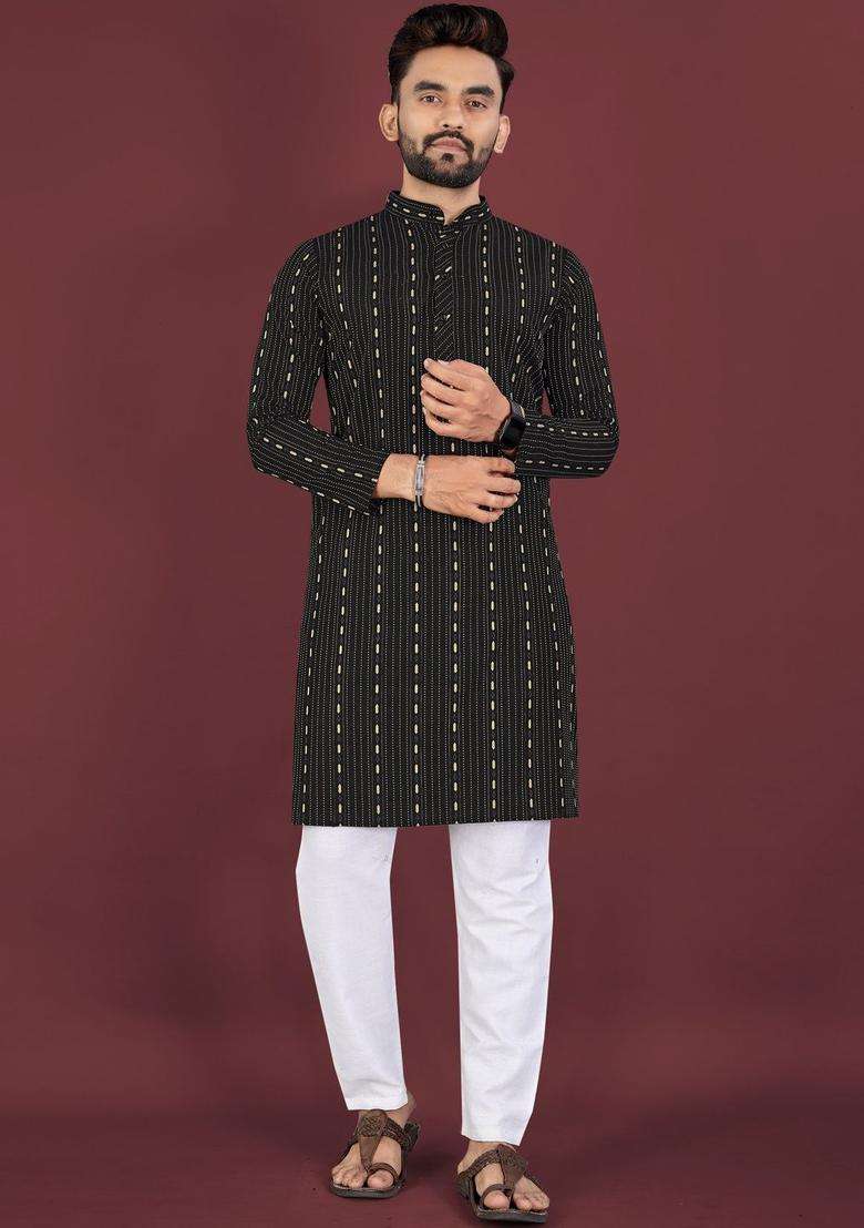 Black Woven Design Cotton Kurta Set For Men - Indya