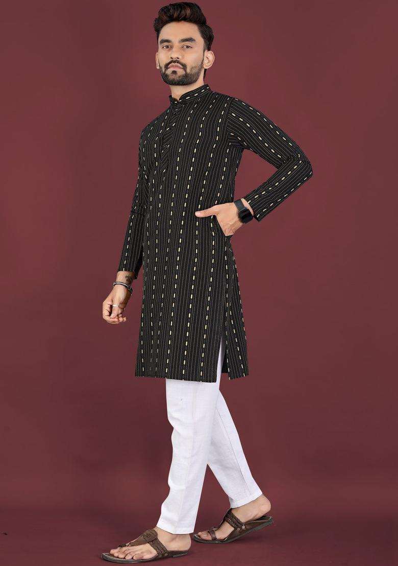 Black Woven Design Cotton Kurta Set For Men - Indya