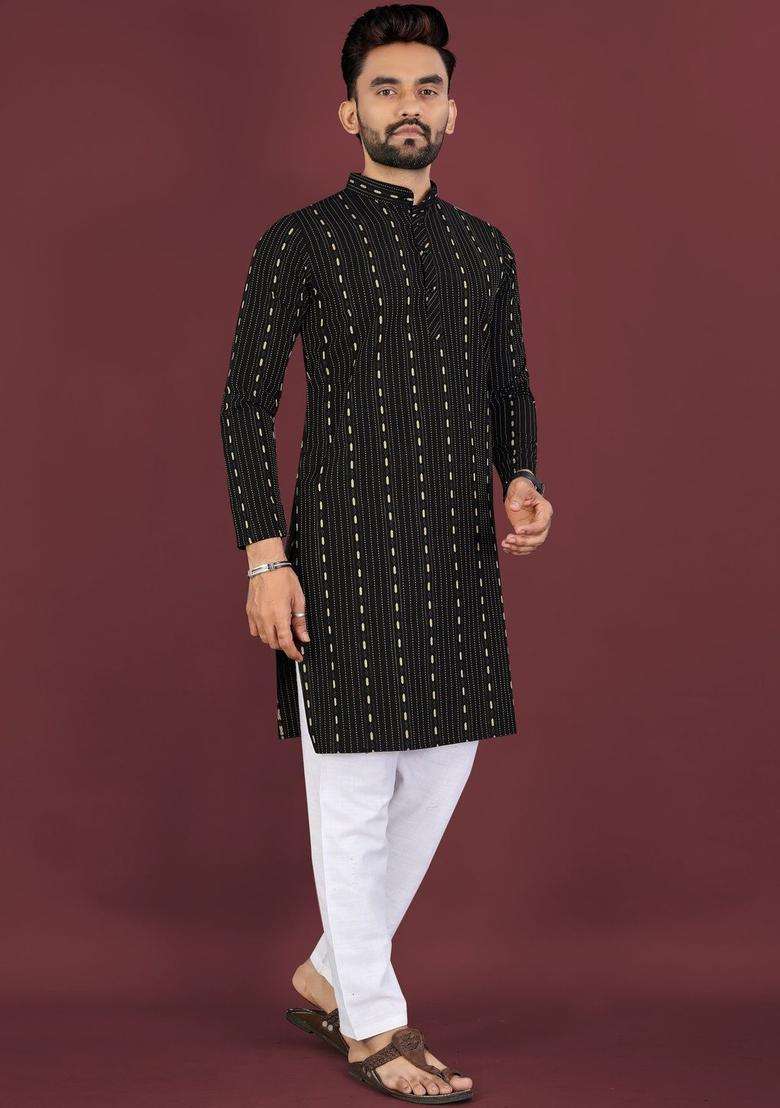 Black Woven Design Cotton Kurta Set For Men - Indya