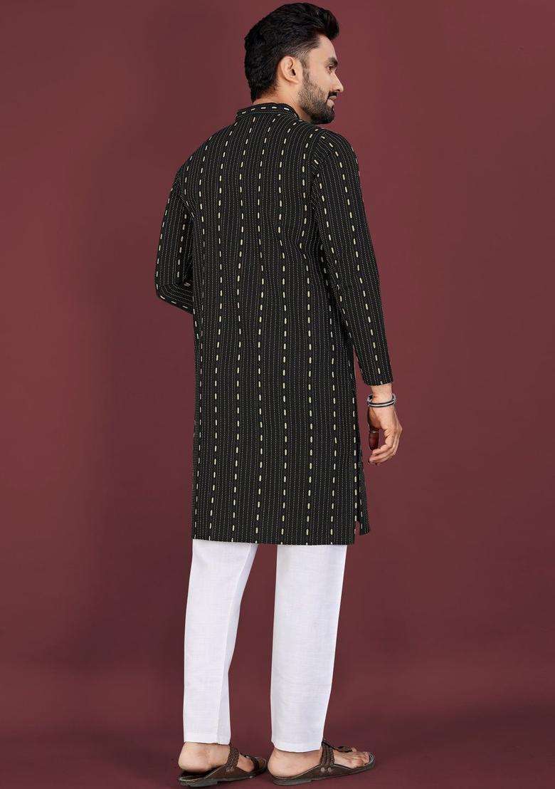 Black Woven Design Cotton Kurta Set For Men - Indya