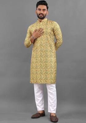 Yellow Printed Viscose Kurta Set For Men