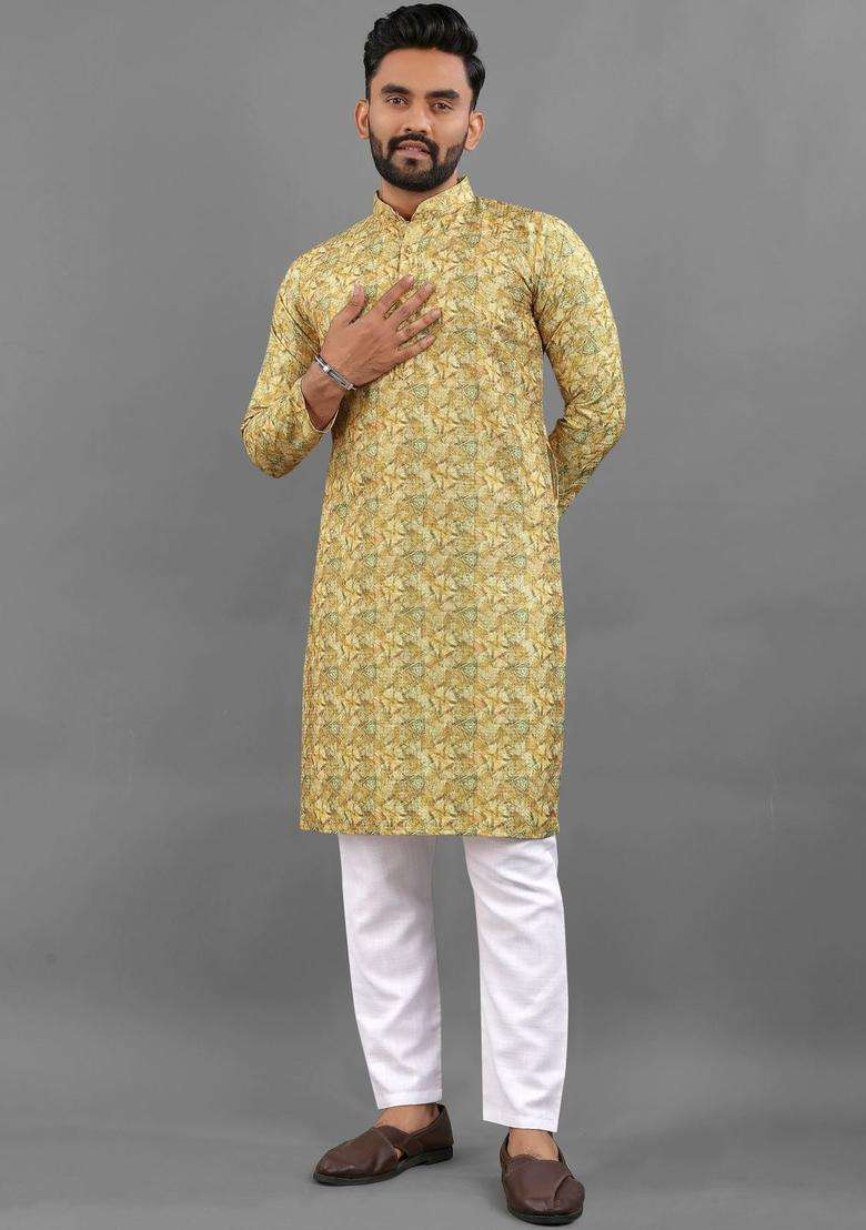Yellow Printed Viscose Kurta Set For Men - Indya