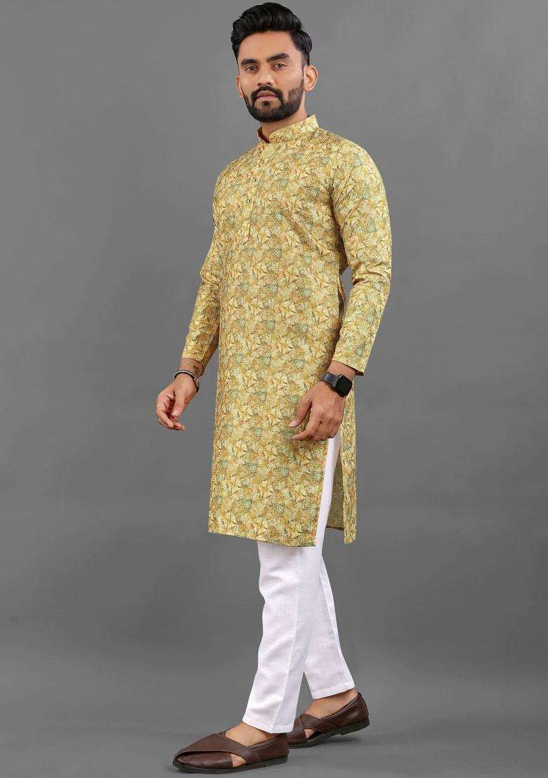 Yellow Printed Viscose Kurta Set For Men - Indya