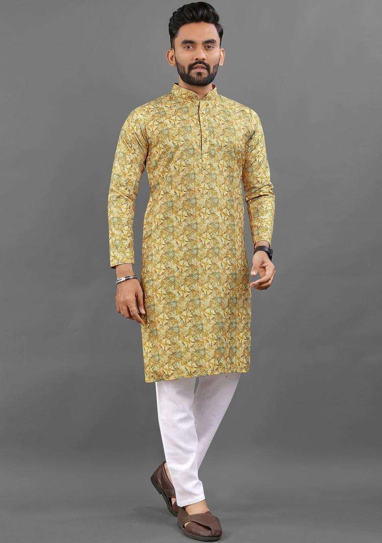 Yellow Printed Viscose Kurta Set For Men - Indya