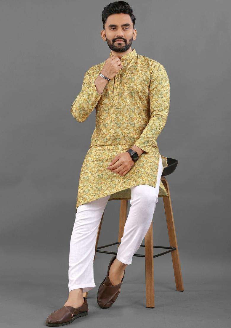 Yellow Printed Viscose Kurta Set For Men - Indya