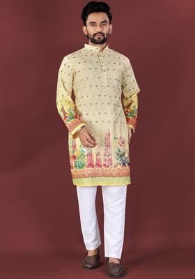 Yellow Printed Viscose Kurta Set For Men